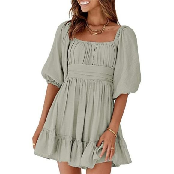 Women's Dresses Square Neck Lantern Sleeve Tie Backless Ruffle A-Line Dress - Picture 1 of 6